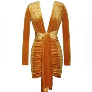 Eye Candy Elegant Gold Velvet Dress GORGEOUS F & B & Side Front TIE ROUCHING S